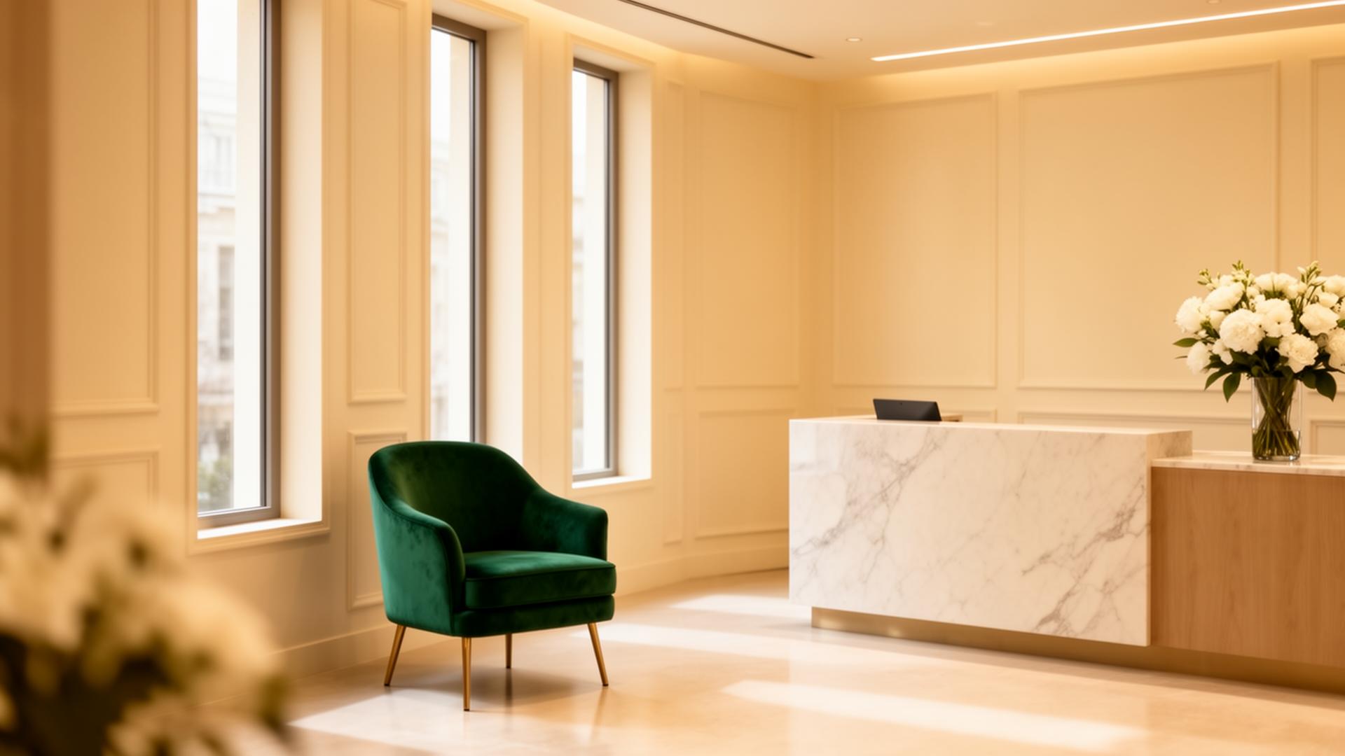 Serene clinic interior with emerald velvet chair and marble desk